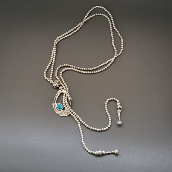 Pewter-Tone Silver-Plated Lariat Necklace with Aqua Crystal - Picture 8 of 8
